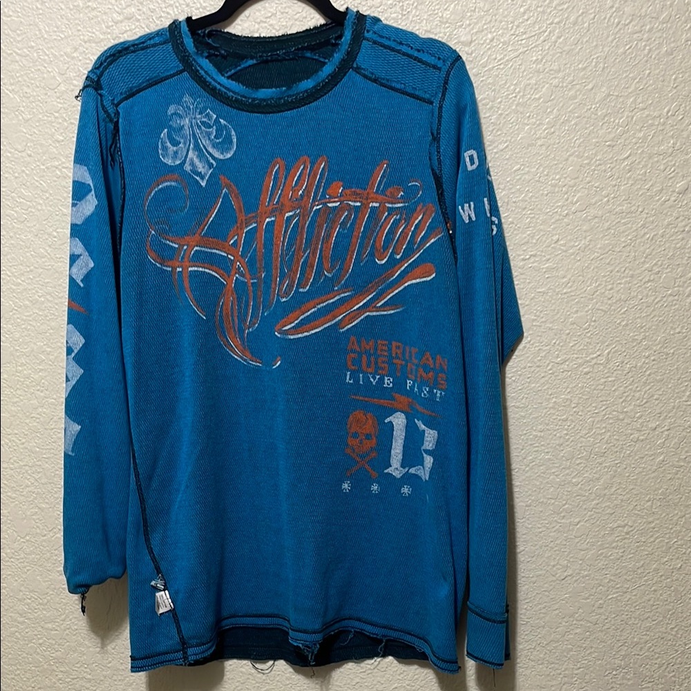 Affliction Men's Reversible Distressed Teal And Black Graphic Shirt. Size L.